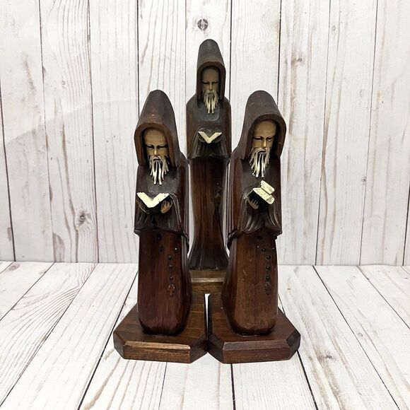 Vintage Wooden  Carved Friar Monk Reading Bible Bookends and Figurine Set of 3 M - Picture 1 of 9